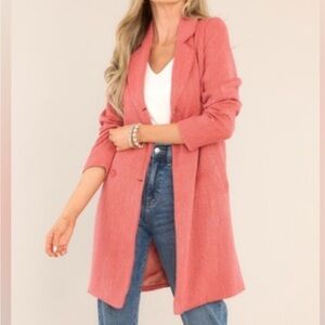 Aura Coral-Red Double-Breasted Trench Coat NWT